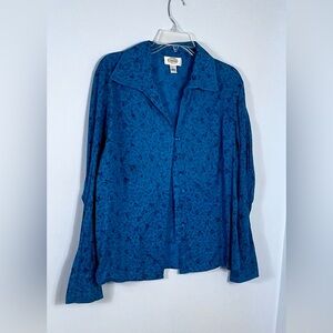 Talbots Teal With Black Floral Design. Button Down Shirted EXC